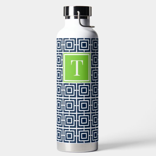 Preppy Vierkant Lattice Monogram – Marine & Lime Waterfles (Links)