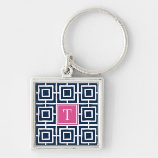 Preppy Vierkant Lattice Monogram - Navy & Hot Pin Sleutelhanger (Voorkant)