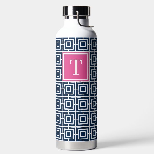 Preppy Vierkant Lattice Monogram – Navy & Hot Pink Waterfles (Links)