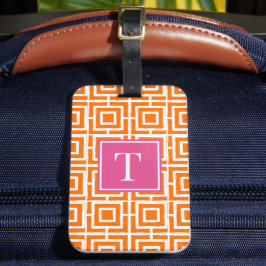 Preppy Vierkant Lattice Monogram Oranje & Hot Pink Bagagelabel