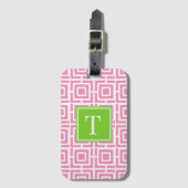 Preppy Vierkant Lattice Monogram – Roze & Limoen Bagagelabel (Voorkant (verticaal))