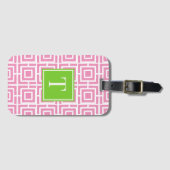 Preppy Vierkant Lattice Monogram – Roze & Limoen Bagagelabel (Voorkant (horizontaal))