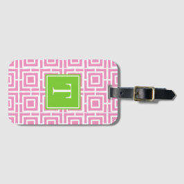 Preppy Vierkant Lattice Monogram – Roze & Limoen Bagagelabel