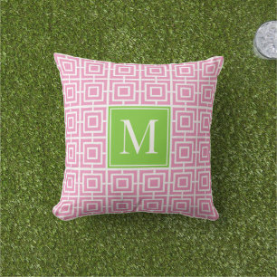 Preppy Vierkant Lattice Monogram – Roze & Limoen Buitenkussen