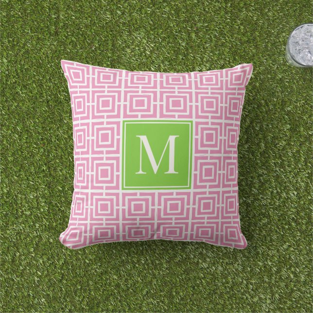 Preppy Vierkant Lattice Monogram – Roze & Limoen Buitenkussen (Gras)