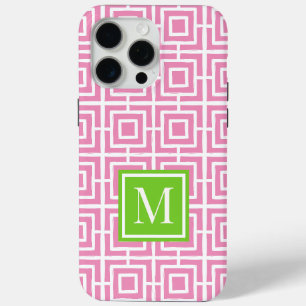 Preppy Vierkant Lattice Monogram – Roze & Limoen iPhone 15 Pro Max Hoesje