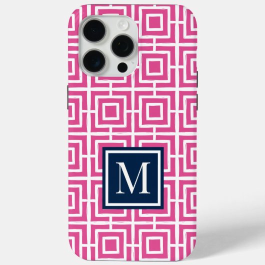 Preppy Vierkant Lattice Monogram – Roze & Marinebl Case-Mate iPhone Case (Achterkant)