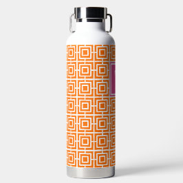 Preppy vierkant latwerkmonogram oranje en hete roz waterfles