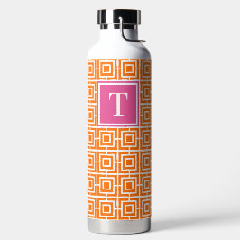 Preppy vierkant latwerkmonogram oranje en hete roz waterfles