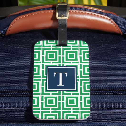 Preppy Vierkant Rooster Monogram - Groen & Marineb Bagagelabel (Voorkant Insitu 2)