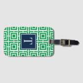 Preppy Vierkant Rooster Monogram - Groen & Marineb Bagagelabel (Voorkant (horizontaal))