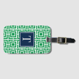 Preppy Vierkant Rooster Monogram - Groen & Marineb Bagagelabel