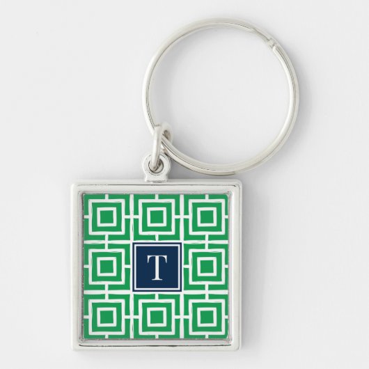 Preppy Vierkant Rooster Monogram - Groen & Marineb Sleutelhanger (Voorkant)