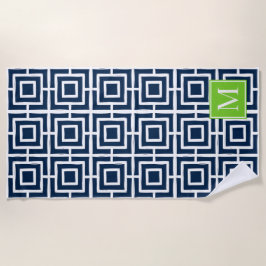 Preppy Vierkant Rooster Monogram – Marine & Lime Strandlaken