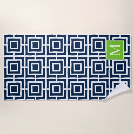 Preppy Vierkant Rooster Monogram – Marine & Lime Strandlaken (Voorkant)