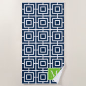 Preppy Vierkant Rooster Monogram – Marine & Lime Strandlaken (Voorkant)
