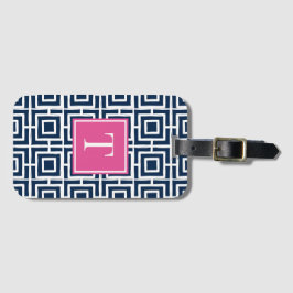 Preppy Vierkant Rooster Monogram – Marineblauw & F Bagagelabel