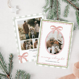Preppy Vintage Pink Bow Family Photo Christmas Feestdagenkaart