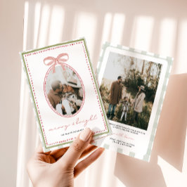Preppy Vintage Roze Strik Gezinsfoto Kerstmis Feestdagenkaart
