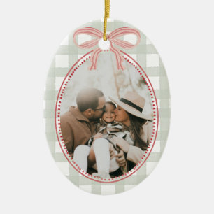 Preppy Vintage Roze Strik Kerst Familie Foto Keramisch Ornament