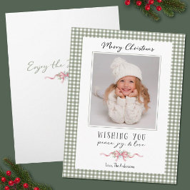 Preppy Vintage Roze Strik Kerst Foto Feestdagen Kaart