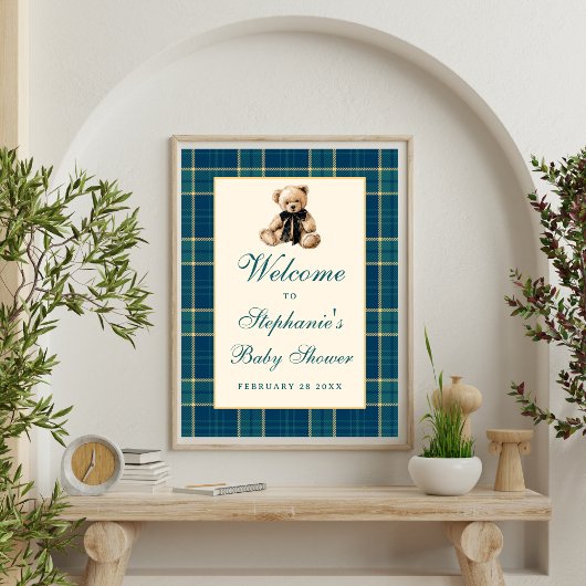 Preppy Vintage Teddybeer Babyshower Welkom Bord Poster