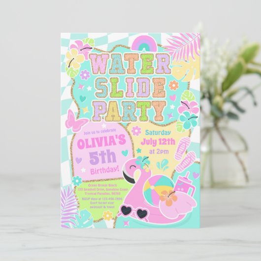 Preppy Water Slide Party Schattige Girly Pool Verj Kaart (Staand voorkant)
