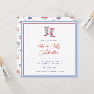 Preppy Watercolor Bows 4th Of July Invitation Kaart