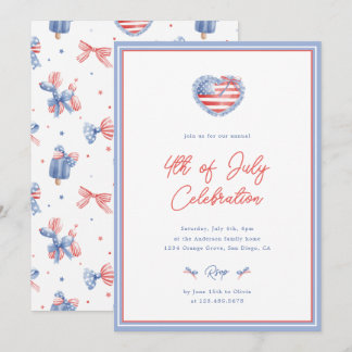 Preppy Watercolor Bows 4th Of July Invitation Kaart