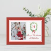 Preppy Watercolor Monogram Krans Feestdagenkaart (Staand voorkant)