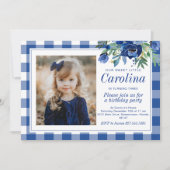 Preppy Watercolor Navy Blauwe Bloemen Gingham Kaart (Voorkant)