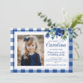 Preppy Watercolor Navy Blauwe Bloemen Gingham Kaart (Staand voorkant)