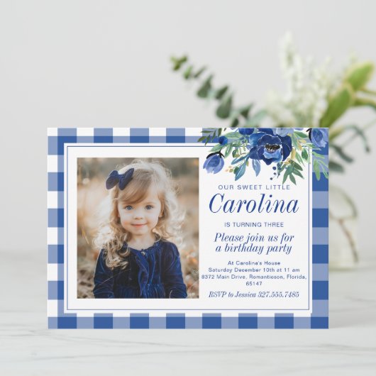 Preppy Watercolor Navy Blauwe Bloemen Gingham Kaart (Staand voorkant)