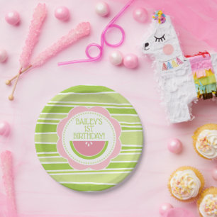 Preppy Watermeloen 1e verjaardag Roze en Groen Papieren Bordje