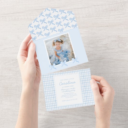 Preppy Waterverf Bogen Gingham Aangepaste Foto All In One Uitnodiging (Afscheurbaar)