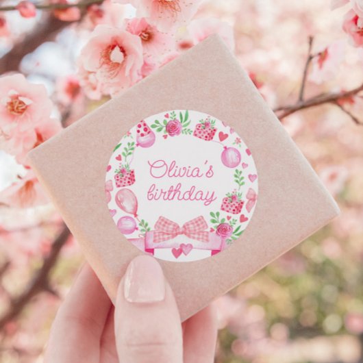 Preppy Waterverf Bow Roze Coquette Meisje Verjaard Ronde Sticker