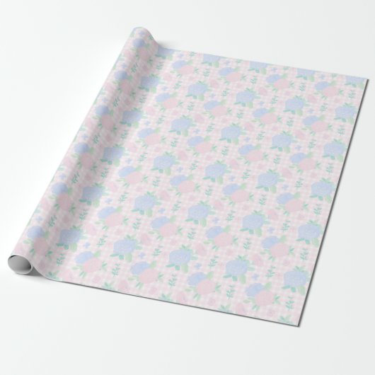 Preppy Waterverf Floral Gingham Verjaardag Cadeaupapier (Uitgerold)