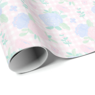 Preppy Waterverf Floral Gingham Verjaardag Cadeaupapier