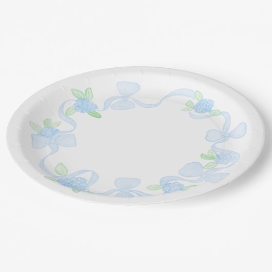 Preppy Waterverf Grandmillennial Hydrangeas Bows Papieren Bordje (Gekanteld)