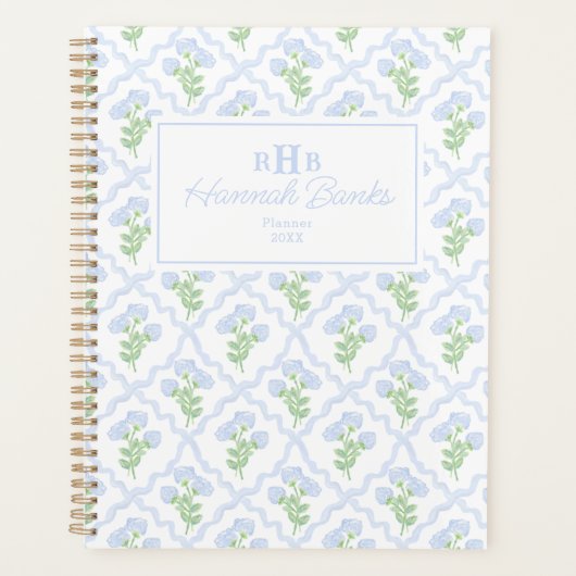 Preppy Waterverf Monogram Hydrangea Bows Planner (Voorkant)