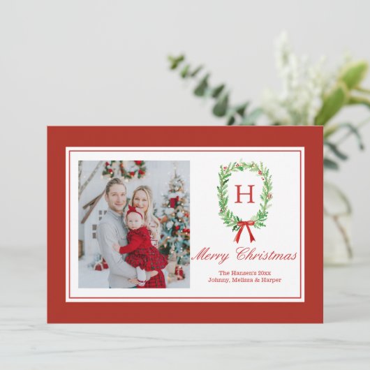 Preppy Waterverf Monogram krans Feestdagenkaart (Staand voorkant)