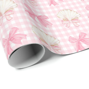Preppy Waterverf zeeschelpen op Pink Gingham Cadeaupapier