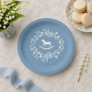 Preppy Wedgewood Blauwe Schommelende Paard Baby Sh Papieren Bordje