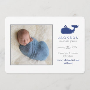Preppy Whale Photo Birth Announding, Baby Boy Aankondiging