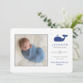 Preppy Whale Photo Birth Announding, Baby Boy Aankondiging (Staand voorkant)