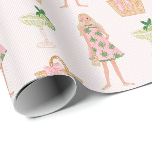 Preppy Whimsical Roze & Groen Palm Beach Cadeaupapier