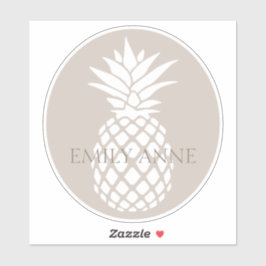 Preppy White Pineapple on Beige Personalized Sticker