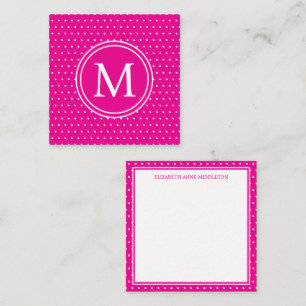 Preppy White Polka Dots op Helder Roze Monogram Notitiekaartje