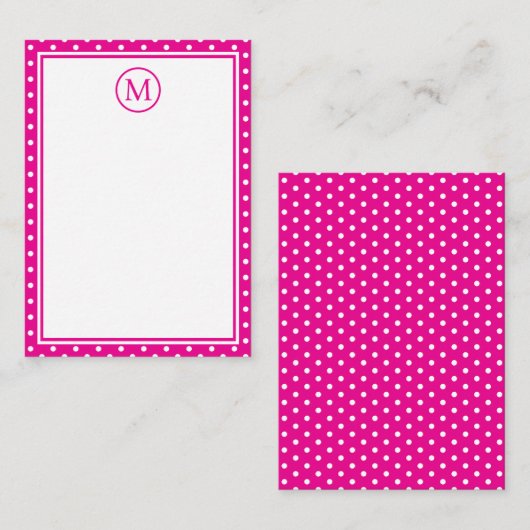 Preppy White Polka Dots op Helder Roze Monogram Notitiekaartje (Voorkant / Achterkant)