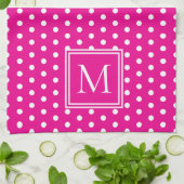 Preppy White Polka Dots op Helder Roze Monogram Theedoek (Gevouwen)
